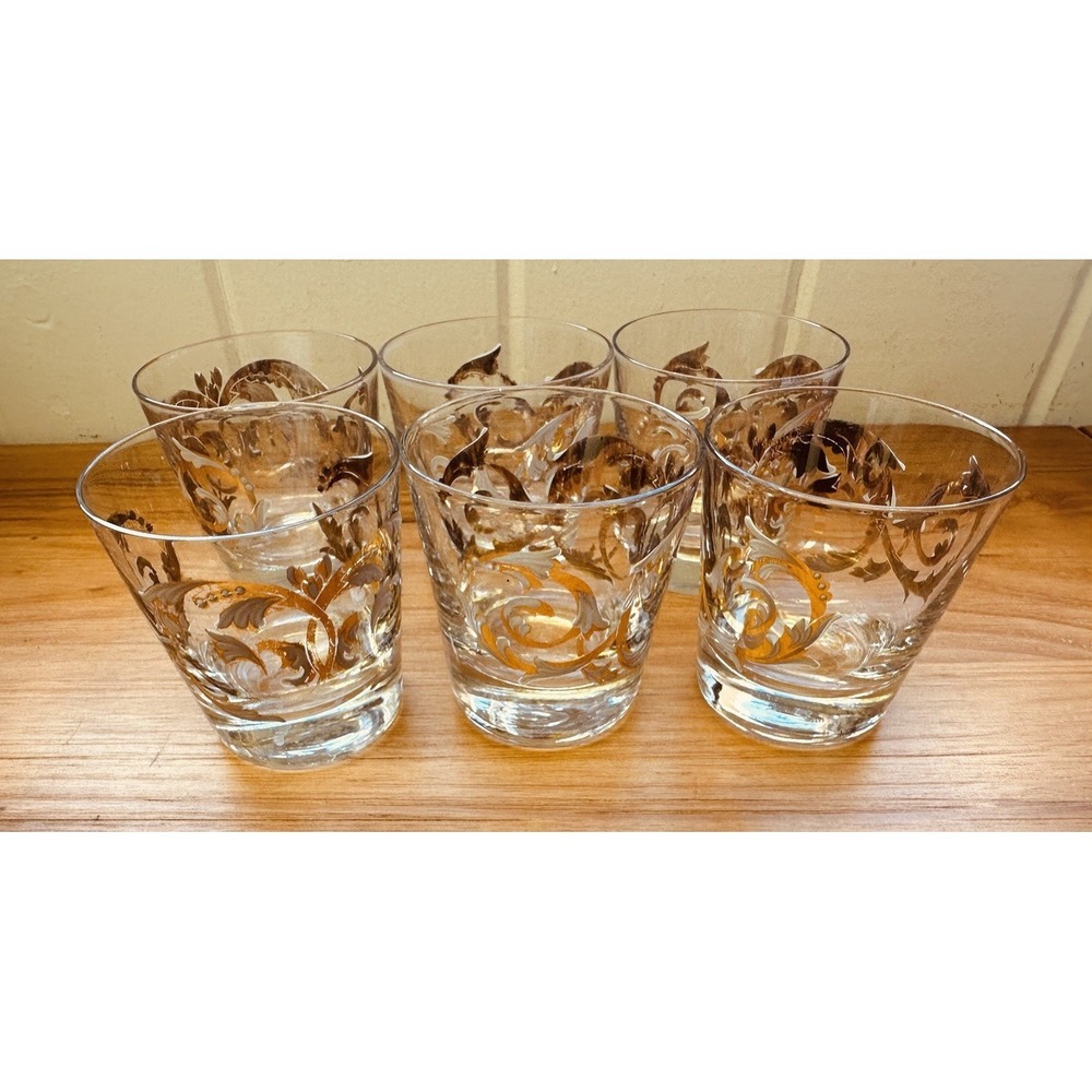 Mid Century Modern 3‎ 1/4" Cocktail Glass w/Gold & white Design Set of 6 Vintage
